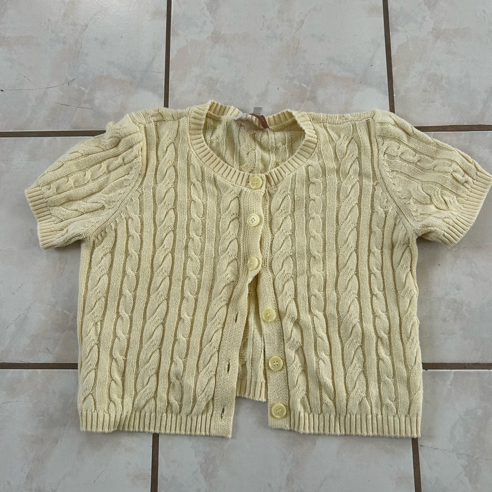 Pink Rose Pale Yellow Cable Knit Short Sleeve Cardigan